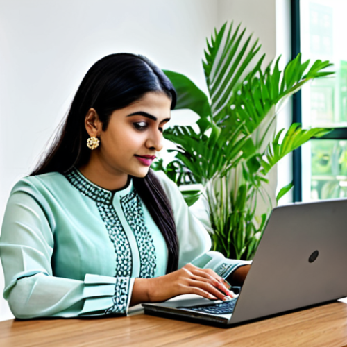 **

A professional woman, fully clothed in a modest salwar kameez, is working on a laptop in a bright, modern office. The background includes bookshelves and plants. Safe for work, appropriate content, perfect anatomy, natural proportions, professional, high quality, family-friendly.

**