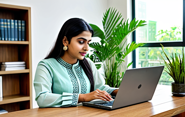 **

A professional woman, fully clothed in a modest salwar kameez, is working on a laptop in a bright, modern office. The background includes bookshelves and plants. Safe for work, appropriate content, perfect anatomy, natural proportions, professional, high quality, family-friendly.

**