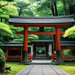 "A serene Shinto shrine nestled in a lush forest in Japan, torii gate visible, soft natural light, fully clothed visitors, appropriate attire, safe for work, perfect anatomy, natural proportions, professional photography, high quality, family-friendly."