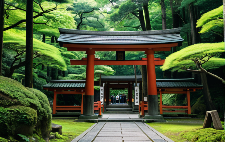 "A serene Shinto shrine nestled in a lush forest in Japan, torii gate visible, soft natural light, fully clothed visitors, appropriate attire, safe for work, perfect anatomy, natural proportions, professional photography, high quality, family-friendly."
