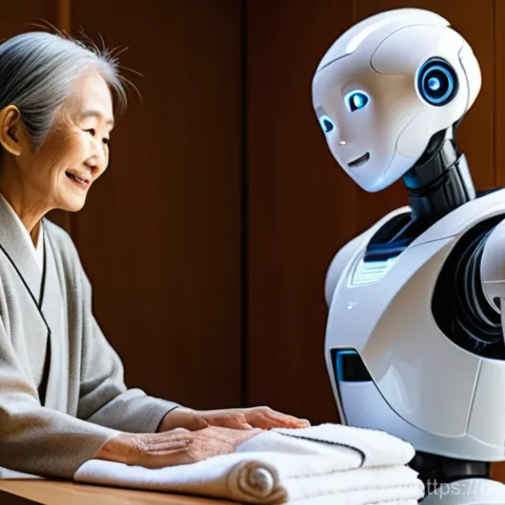 일본의 최신 IT 트렌드 - A serene and brightly lit Japanese home interior. An elderly Japanese woman, fully clothed in comfor...