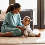 일본 편의점 간식 추천 - A serene and heartwarming scene featuring a young family in a cozy living room. A mother and father,...