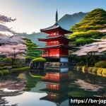 일본의 전통과 현대를 이어주는 문화재 - **"A serene and breathtaking panoramic landscape of Japan, where ancient tradition meets futuristic ...