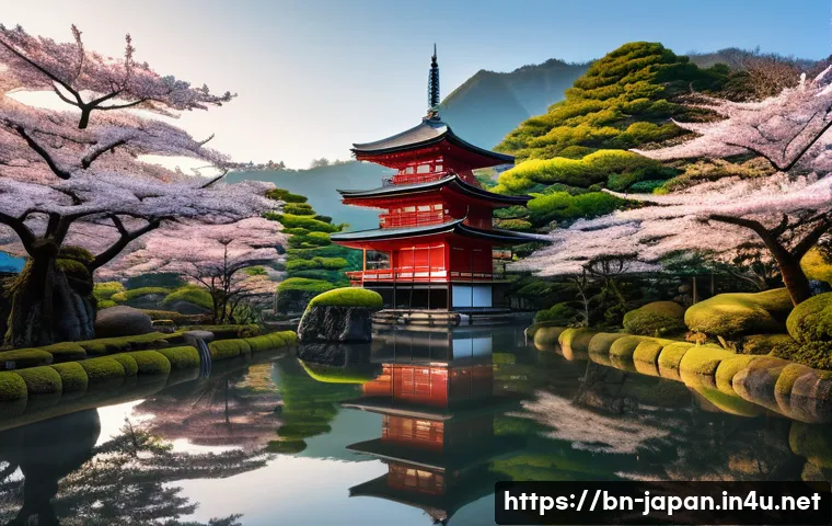 일본의 전통과 현대를 이어주는 문화재 - **"A serene and breathtaking panoramic landscape of Japan, where ancient tradition meets futuristic ...