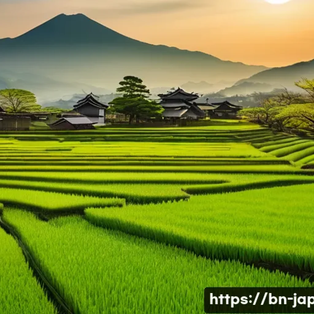 일본 소도시 여행 니가타 - **Prompt:** A picturesque, serene spring morning in Niigata, Japan. Vast, vibrant green rice paddies...