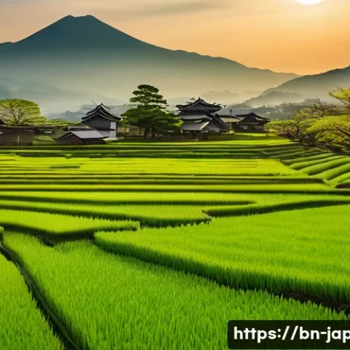 일본 소도시 여행 니가타 - **Prompt:** A picturesque, serene spring morning in Niigata, Japan. Vast, vibrant green rice paddies...