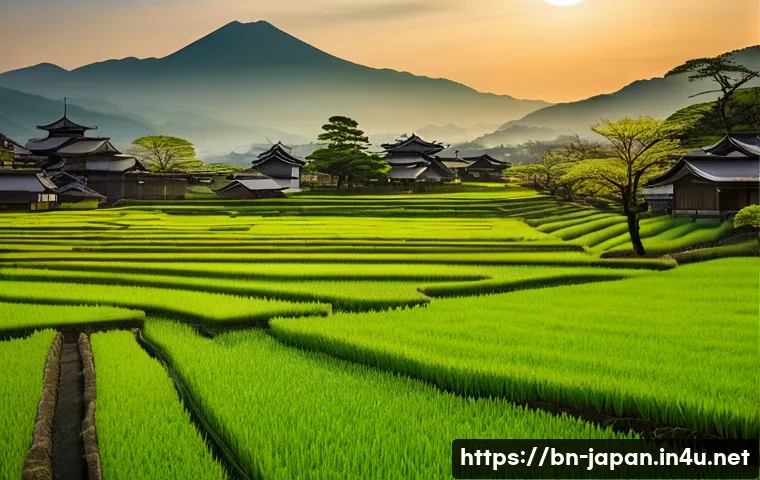 일본 소도시 여행 니가타 - **Prompt:** A picturesque, serene spring morning in Niigata, Japan. Vast, vibrant green rice paddies...