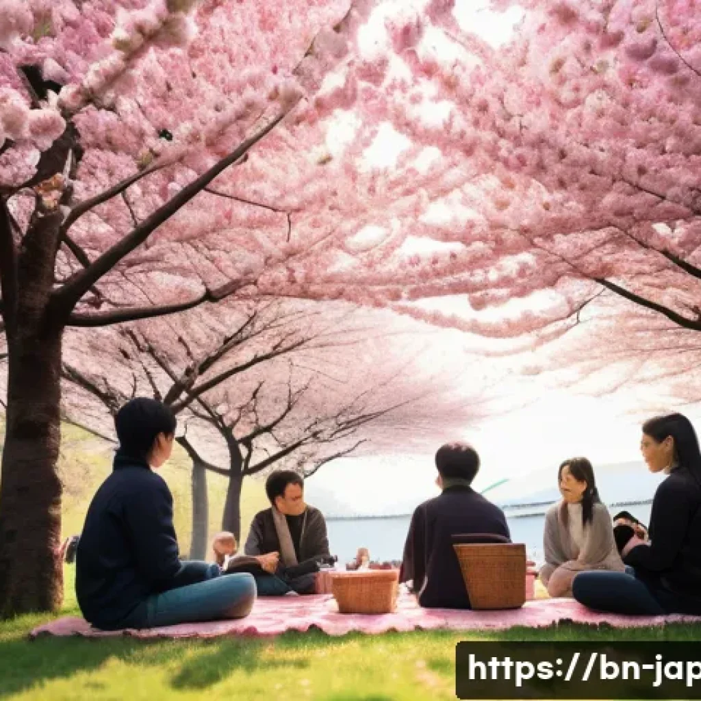 일본 내 외국인 커뮤니티 정보 - **Prompt:** A vibrant and cheerful scene at a Japanese cherry blossom (Sakura) festival. Focus on a ...