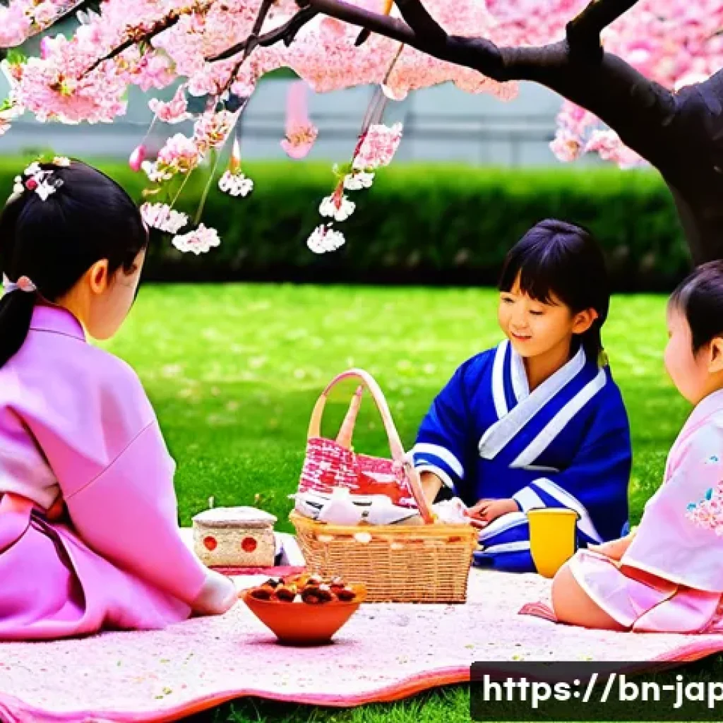 일본 벚꽃 시즌 여행 계획 - **Prompt 1: Hanami Picnic Joy**
    A vibrant and joyful scene of families and friends having a trad...