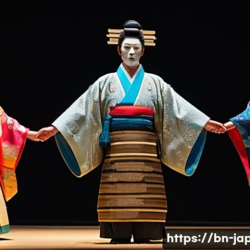 일본 전통 연극 노와 가부키 - A traditional Japanese theater scene featuring actors wearing elaborately detailed colorful costumes...