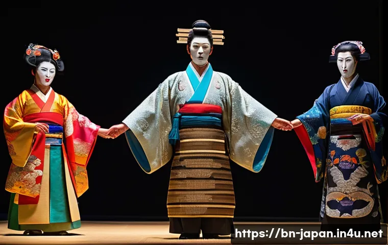 일본 전통 연극 노와 가부키 - A traditional Japanese theater scene featuring actors wearing elaborately detailed colorful costumes...