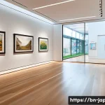 일본의 현대미술 갤러리 - A spacious modern Japanese art gallery interior featuring minimalist architecture with polished wood...