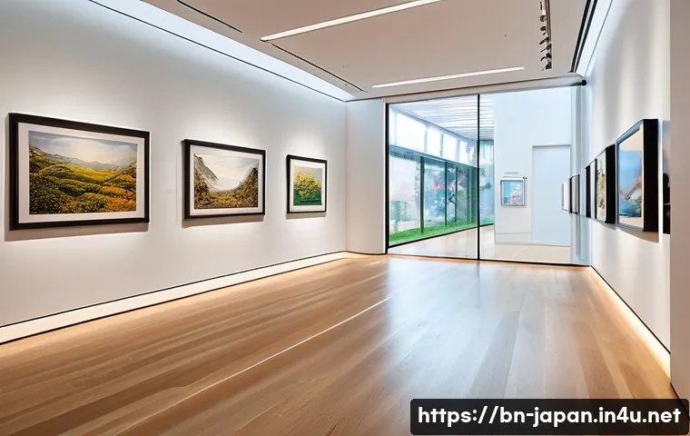 일본의 현대미술 갤러리 - A spacious modern Japanese art gallery interior featuring minimalist architecture with polished wood...
