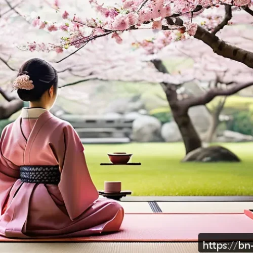 일본과 한국 문화 비교 - A detailed scene depicting a traditional Japanese tea ceremony in a serene garden setting during spr...
