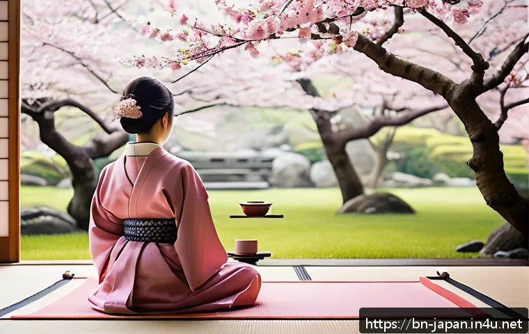 일본과 한국 문화 비교 - A detailed scene depicting a traditional Japanese tea ceremony in a serene garden setting during spr...