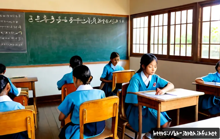 일본의 학교 생활과 교육 시스템 - Photorealistic Japanese middle school classroom during a calm morning lesson, diverse teenage studen...